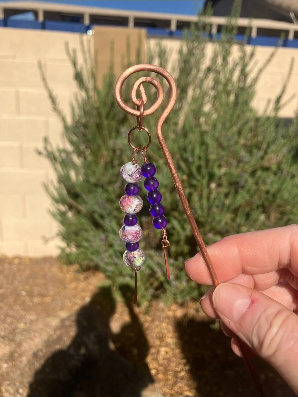Handcrafted Copper Hair Stick with Purple Floral Beaded Charm